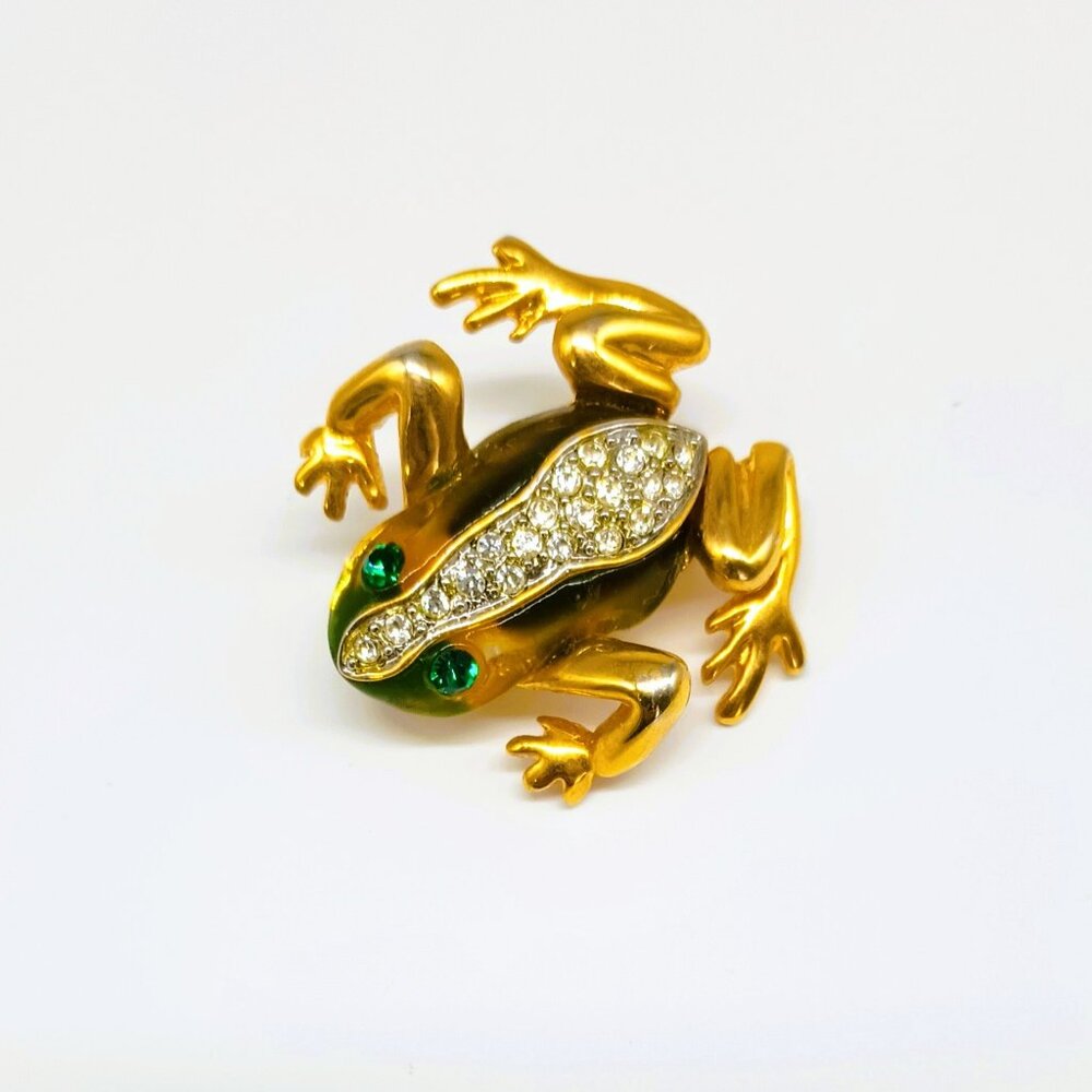 Vintage Enamel & Rhinestone Frog Brooch Pin Gold Tone & Brown Green Eyes
